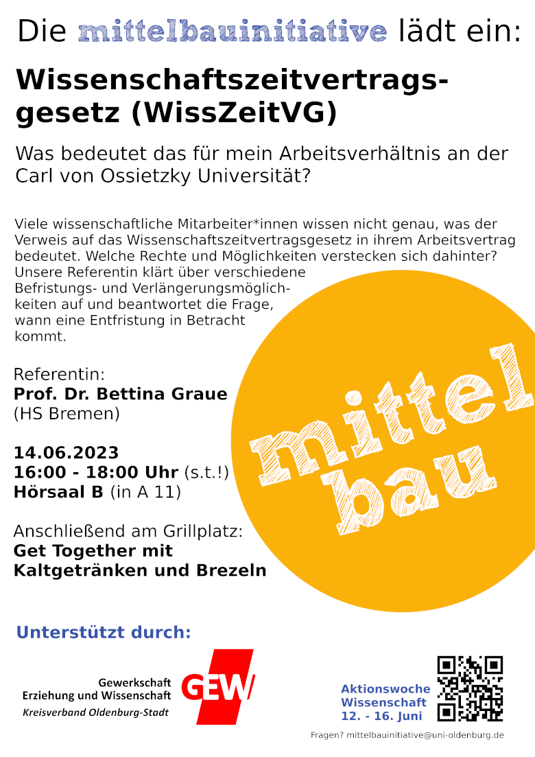 Einladung zur Veranstaltung zum WissZeitVG, 14.6.2023, 16:00 Uhr, Hörsaal B